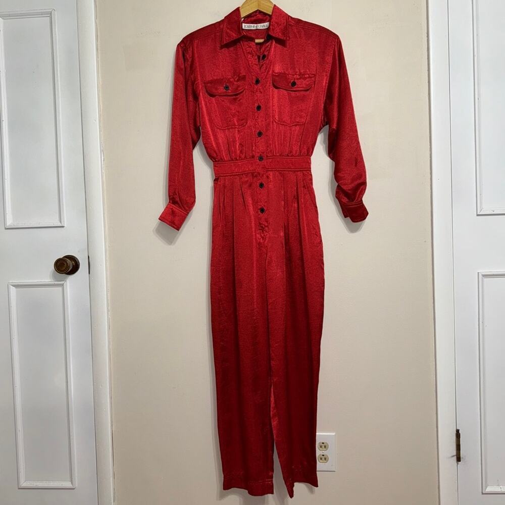 Josephine Chaus Vintage 80s 90s Burnt Red Satin Jumpsuit Size 8
